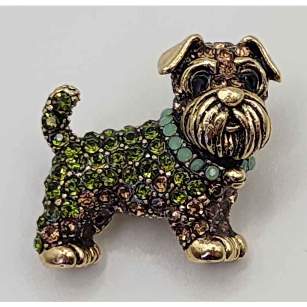 Schnauzer Dog Rhinestone Brooch Itty Bitty Color Pin Green Stones on Gold Tone